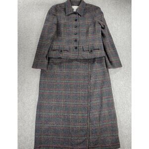 VTG Liz Claiborne Tweed Skirt Suit Womens 12 Gray Wool Faux Wrap Blanket Skirt